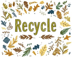 Colorful illustration featuring the word recycle with green, yellow, and brown botanical elements