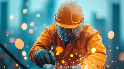 A skilled worker in protective gear welding metal, surrounded by sparks and an industrial backdrop, emphasizing safety and craftsmanship.