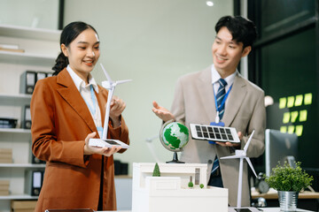 Discussion among businesspeople on the latest developments in solar cell panel technology and Solar Energy