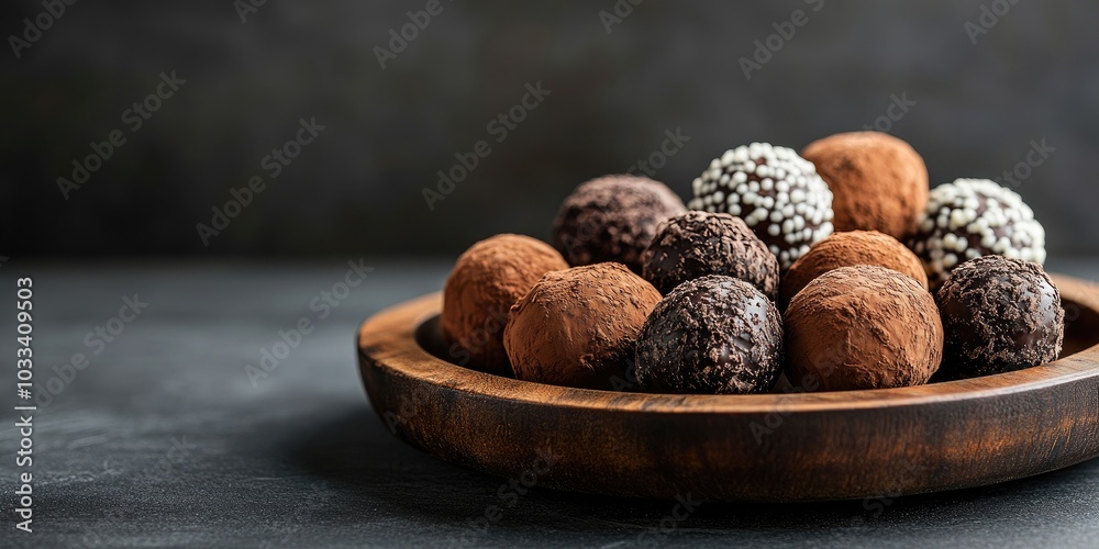 Poster Chocolate truffles with cocoa arranged on a wooden plate on a table against a dark background. Copy space.