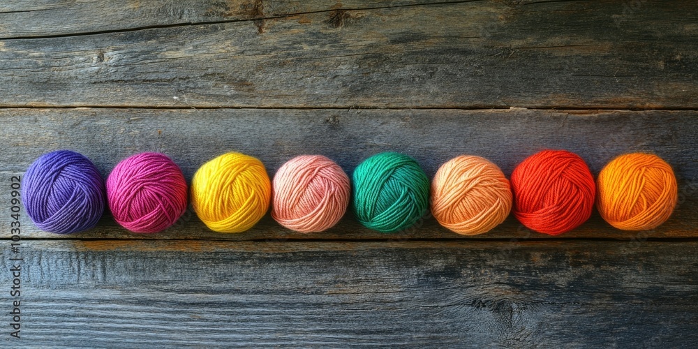 Poster balls of yarn arranged in a line, on a background of a weathered wooden table