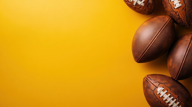 Four American footballs arrayed on a bright yellow background, capturing the essence of teamwork and collaboration within the lively spirit of the sport.