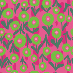 Seamless pattern with green sunflowers on pink background. Sunflowers pattern, vector illustration.