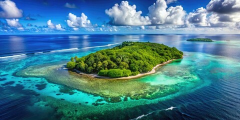 Aerial View of Lush Green Island Surrounded by Crystal Clear Blue Ocean Water, Vibrant Coral Reefs, Tropical Paradise, Scenic Coastline, Nature's Beauty, Travel Destination, Serenity, Escape