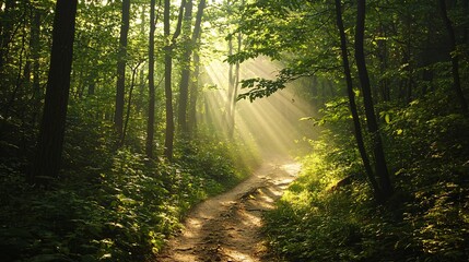 Fototapeta premium Hiker's point of view of narrow trail with sunlight filtering through trees
