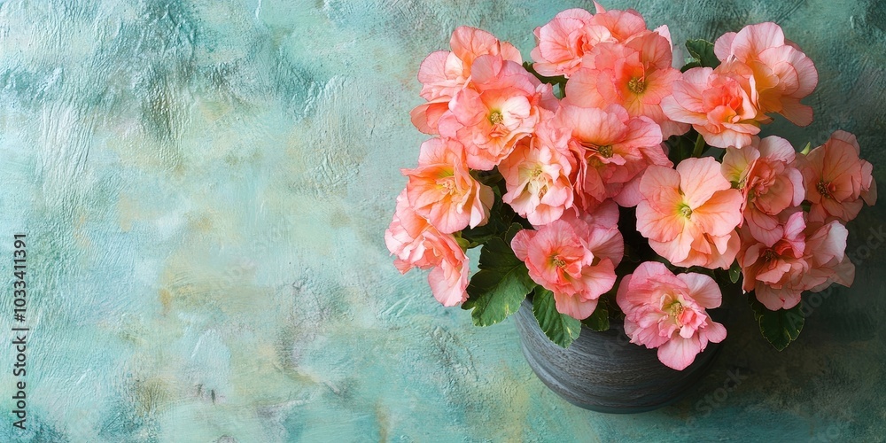 Poster Begonia flowers rest in a cup on a textured background. Flat lay.