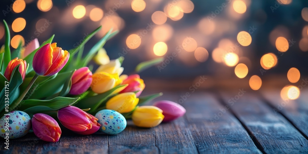 Poster easter theme backdrop. vibrant tulips and easter eggs. wooden table and background. lovely bokeh. sp