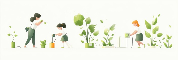 Eco-friendly illustration of people engaging in energy conservation through plant-powered technology