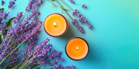 Candle making kit and lavender on a vibrant background from above, flat lay.