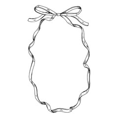 A hand drawn thin ribbon and bow create a beautiful oval border for a greeting card. The detailed vector illustration, perfect for birthdays or weddings, offers a blank space for text