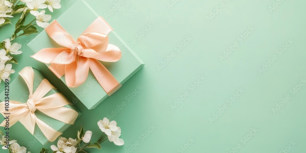Aufkleber gift boxes tied with ribbon on a green pastel backdrop with copy space. minimal concept of a spring 
