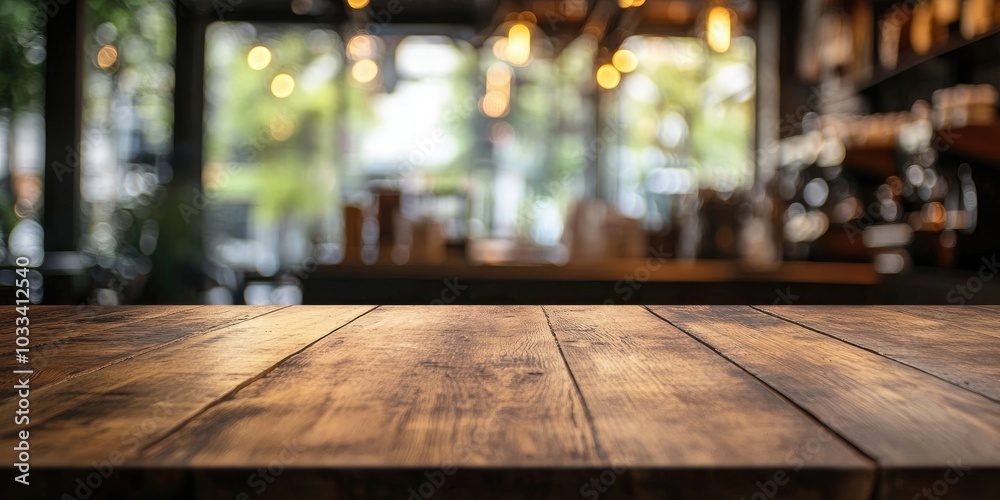Aufkleber selected focus on an empty brown wooden table with a blurred coffee shop background featuring bokeh,