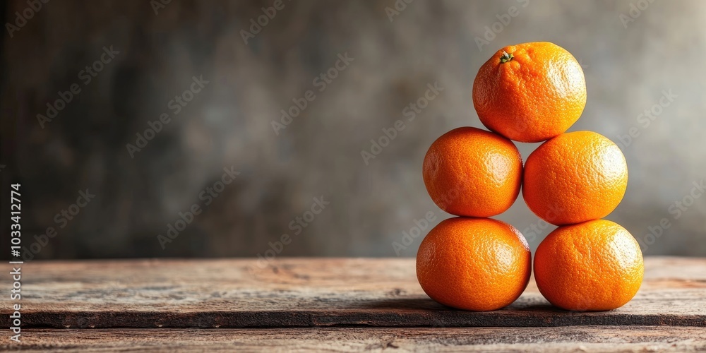 Poster A stack of ripe tangerines on a wooden surface with copy space.