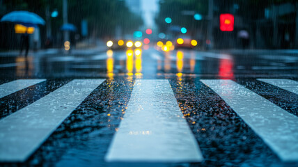 Rainy night street with wet crosswalk reflecting city lights