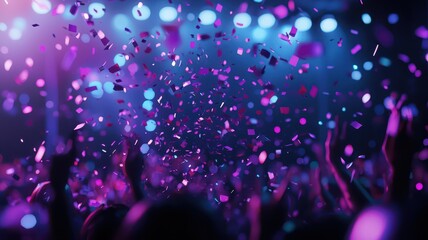 Vibrant confetti cascades over an energetic crowd dancing at a lively nightclub celebration.