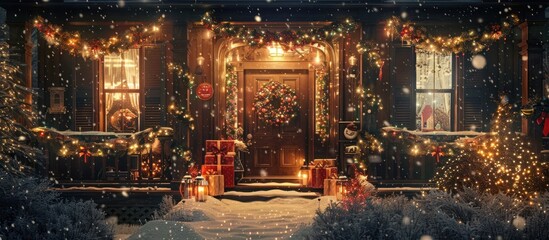 Obraz premium An enchanting cozy Christmas cottage entrance adorned with a warm glowing display of festive a wreath garland and twinkling lights The snowy countryside landscape sets a serene