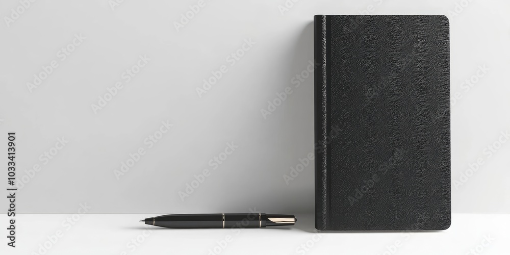 Poster selective focus on a black notebook and pen against a white background.