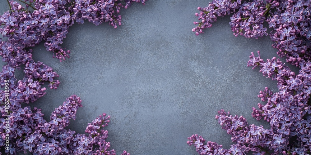 Aufkleber spring floral frame idea featuring lilac flowers set against a grey background with copyspace.