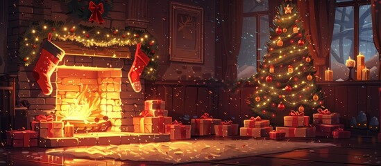 Cozy and festive Christmas living room interior with lit fireplace beautifully decorated Christmas and other traditional holiday Warm