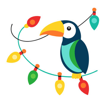 recommend clip art: Toucan Christmas Cheer: A colorful and cheerful illustration of a toucan perched on a branch adorned with festive lights.