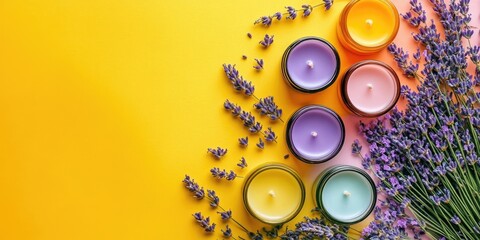Fototapeta premium Candle making kit and lavender on a vibrant background from above, flat lay.