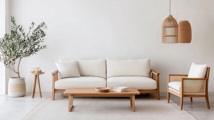 Minimalist Scandinavian living room with natural light, neutral colors, and cozy furnishings for a serene atmosphere.