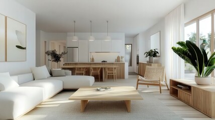 Fototapeta premium Minimalist Scandinavian living room with natural light, neutral colors, and cozy furnishings for a serene atmosphere.