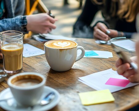 Business people discussing lead generation over coffee, notes and ideas written on napkins, casual setting in a trendy caf? 