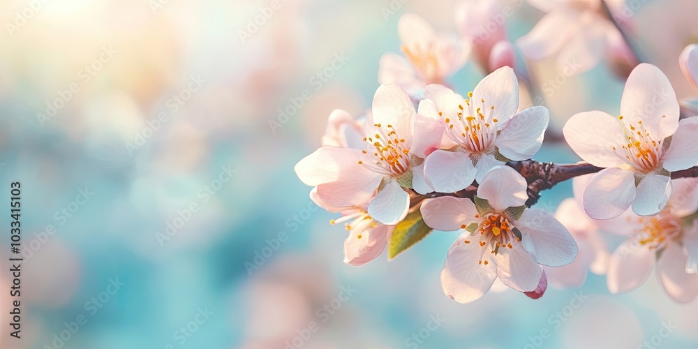 Aufkleber Close-up of almond blossoms in early spring with a soft blue background that is blurred. Copy space.