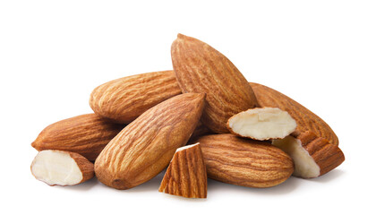 Almond nuts with pieces close-up on white background. Isolated
