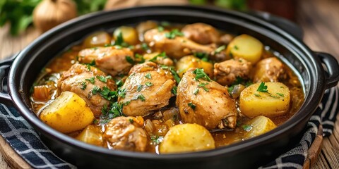 Traditional homemade chicken tajine stew with potatoes. Moroccan cuisine. Halal cuisine.