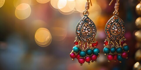 Obraz premium Traditional ethnic colorful earrings jewelry on a blurred background with copy space. Selective focus.