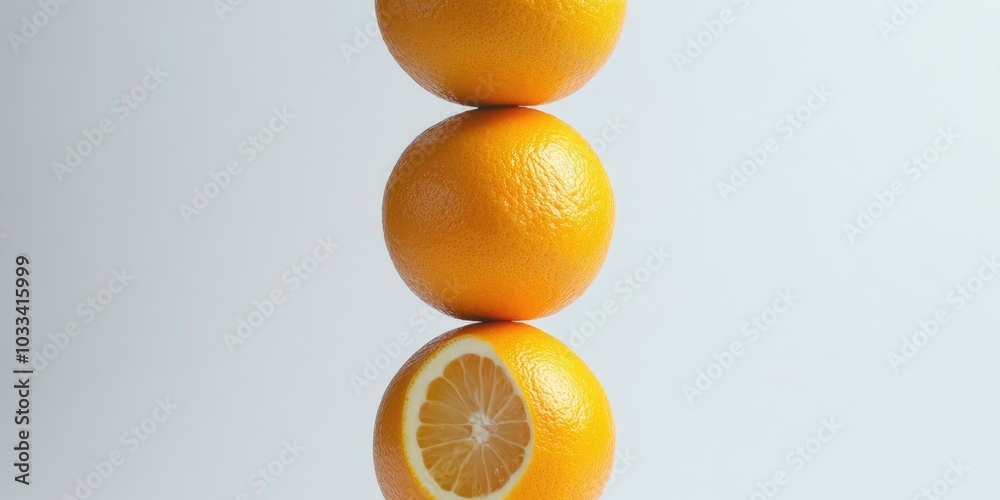 Poster so citrusy. a studio capture of a stack of juicy oranges set against a white background.