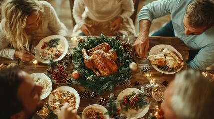 A joyful family shares a Thanksgiving meal, gathered around a table adorned with a roasted turkey, festive decorations, and warm string lights to celebrate togetherness.