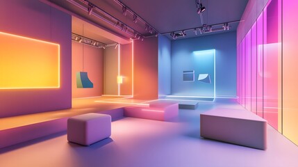 9. "A vibrant 3D render studio with colorful gradient walls and playful lighting, showcasing an empty display area filled with floating geometric shapes