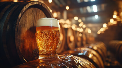 Glass of beer with foam in a brewery, wooden barrels in background.