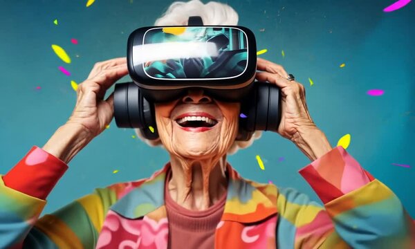 Femme &acirc;g&eacute;e portant un casque de r&eacute;alit&eacute; virtuelle, exp&eacute;rience immersive et ludique avec une expression de joie, parfait pour illustrer la technologie moderne et l'interg&eacute;n&eacute;rationnel