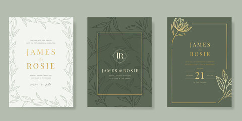 Luxury wedding invitation card vector template. Sage green background with gold line, flower, leaves branches, foliage. Design illustration for vip cover, poster, rsvp modern card. © babeer