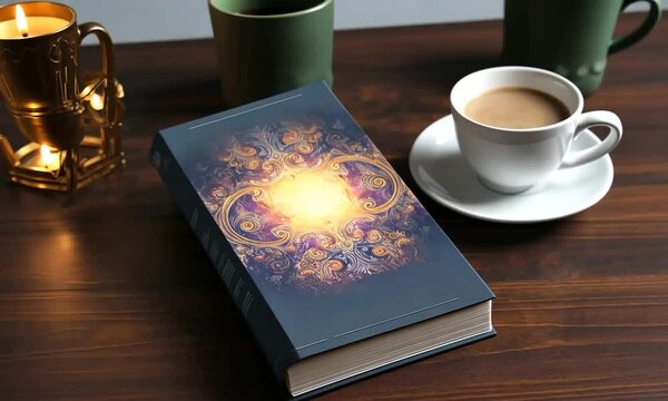 Mock-up commercial de livre avec couverture artistique pos&eacute; sur une table en bois, accompagn&eacute; d'une tasse de caf&eacute;, parfait pour la pr&eacute;sentation de designs de couverture dans un cadre &eacute;l&eacute;gant