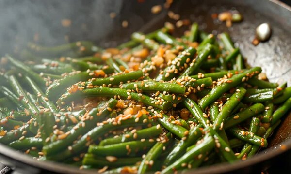 Haricots verts fumant, saut&eacute;s dans un wok, avec des graines de s&eacute;same dor&eacute;es, cuisine saine et savoureuse avec des l&eacute;gumes frais et une touche asiatique - cuisine fusion. 
