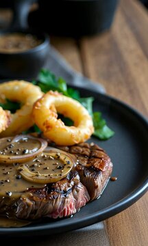 Bavette d'aloyau grill&eacute;e avec sauce au poivre et &eacute;chalote, servie avec des oignons rings croustillants,  pr&eacute;sentation gourmande de cuisine traditionnelle fran&ccedil;aise plat bistrot