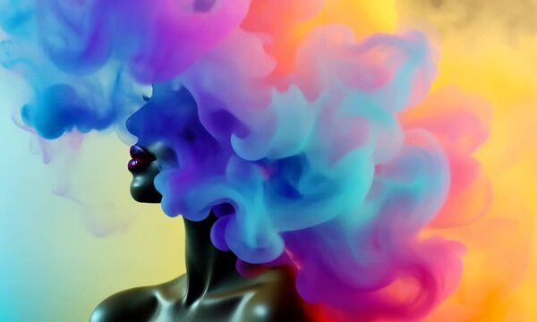 Silhouette f&eacute;minine noire abstraite qui bouge, disparait et apparait &agrave; travers des nuages ou vapeur color&eacute;s, effet visuel &eacute;th&eacute;r&eacute;