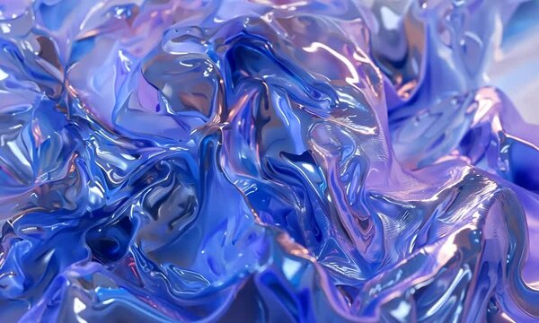 Texture abstraite brillante de mati&egrave;re foil iris&eacute;e dans des tons bleus et violets, capturant des reflets m&eacute;talliques et fluides qui vibre et se transforme