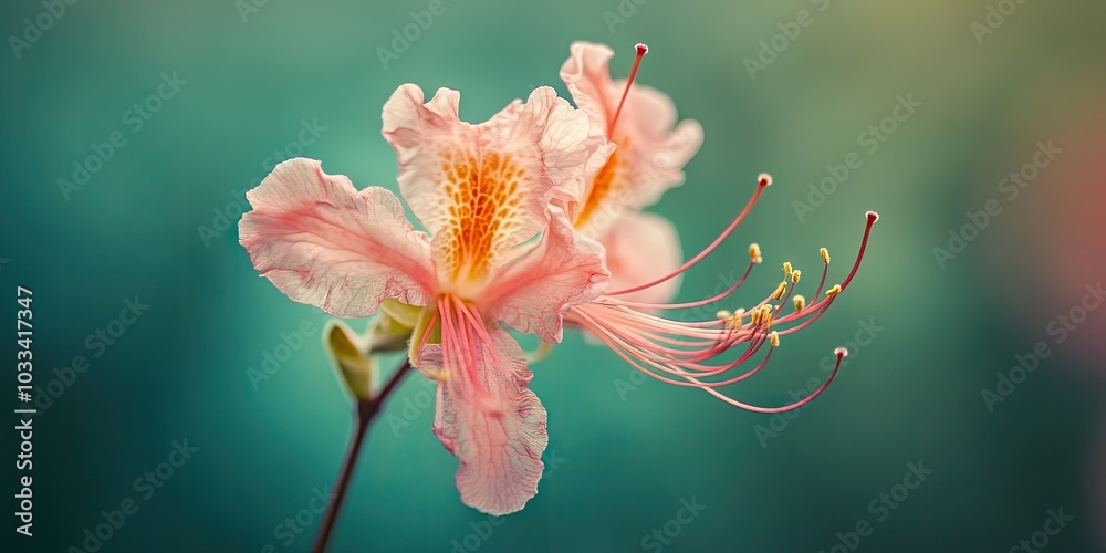 Aufkleber A desiccated azalea with stamens. Macro shot. Softly blurred green backdrop. Shallow depth of field. Copy space. Toned photograph.