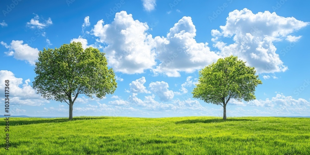 Aufkleber spring view of a picturesque landscape featuring a green meadow and two trees under a sunny blue sky