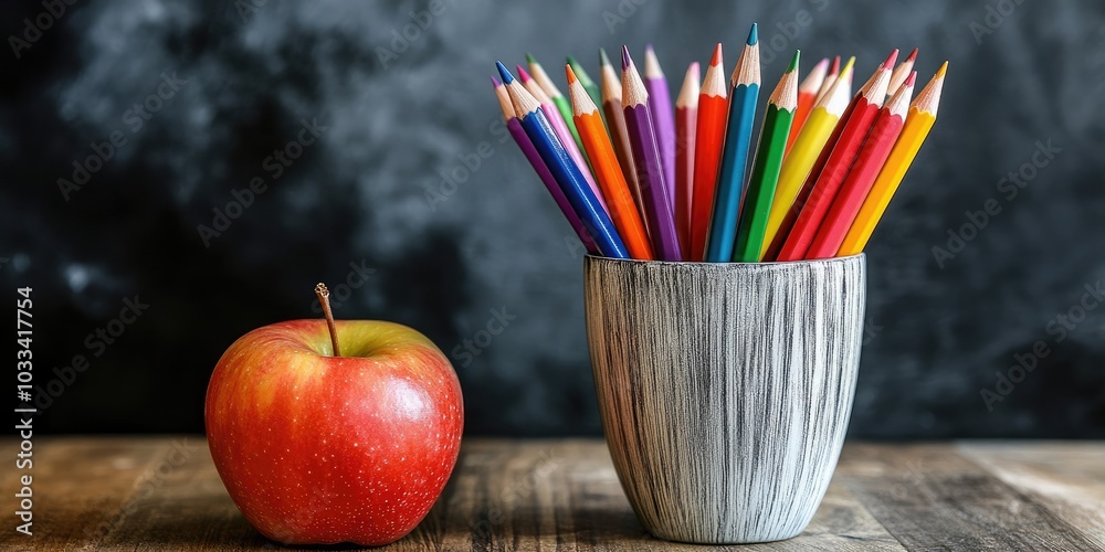 Poster a vertical image of vibrant colored pencils in a cup placed on a table beside an apple.