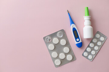 Seasonal diseases. Cold, runny nose, cough Medicines, spray and syrup, thermometer, pills, capsules...