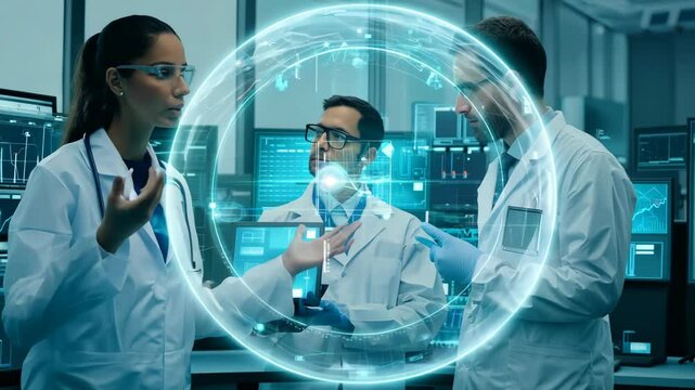 Scientists collaborate in a high-tech laboratory discussing data analysis and research innovations in the healthcare sector