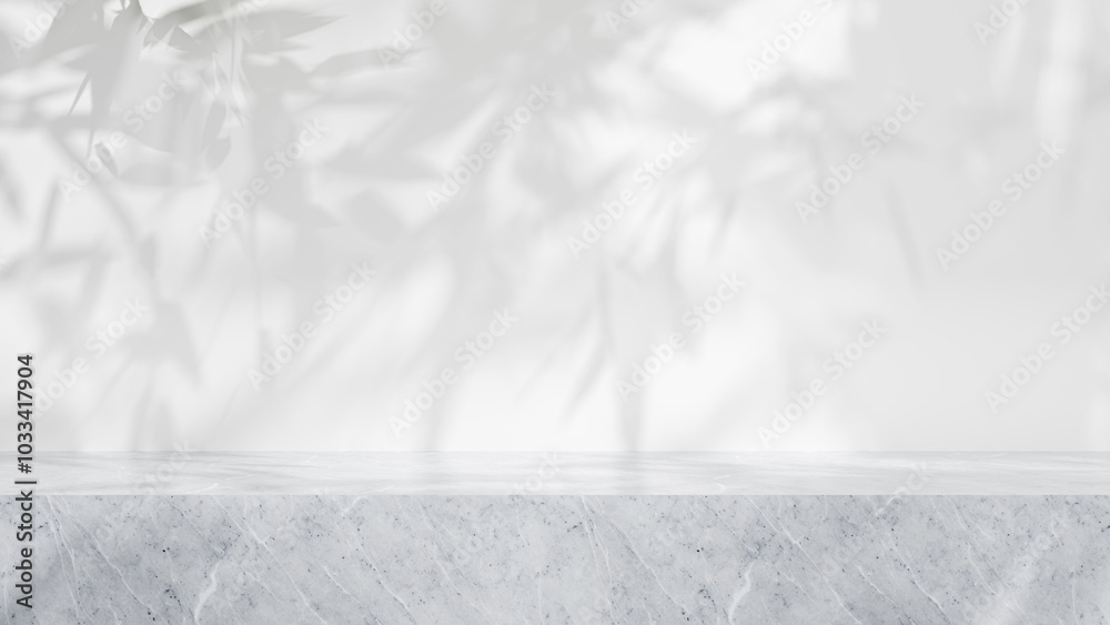 Aufkleber Marble table abstract empty white podium table background copy space for presentation and mock up. Grey abstract studio mock up background for products. Illuminated podium table with sunlight shadows