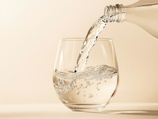 Clear water being poured into a modern designed glass against solid background